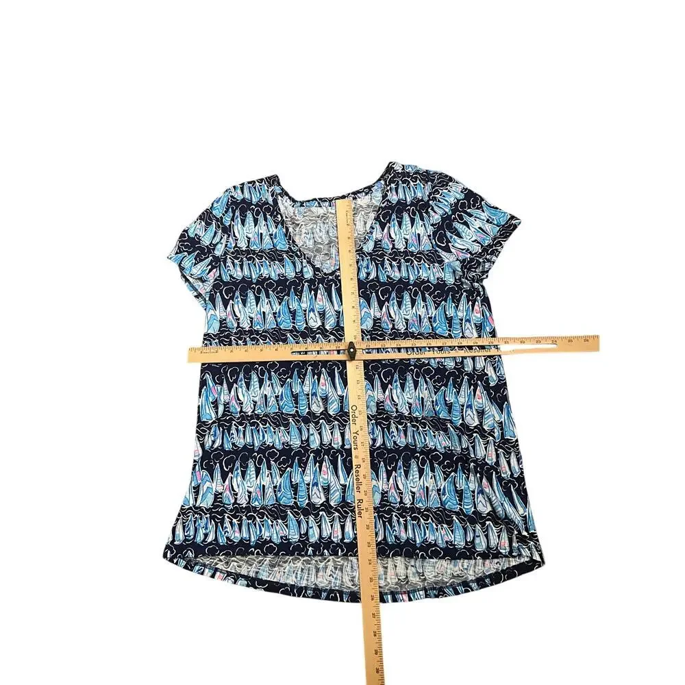 Lilly Pulitzer Cotton Sails and Stripes Top V-Neck Short Sleeve Blue Womens Sz L - Picture 3 of 3